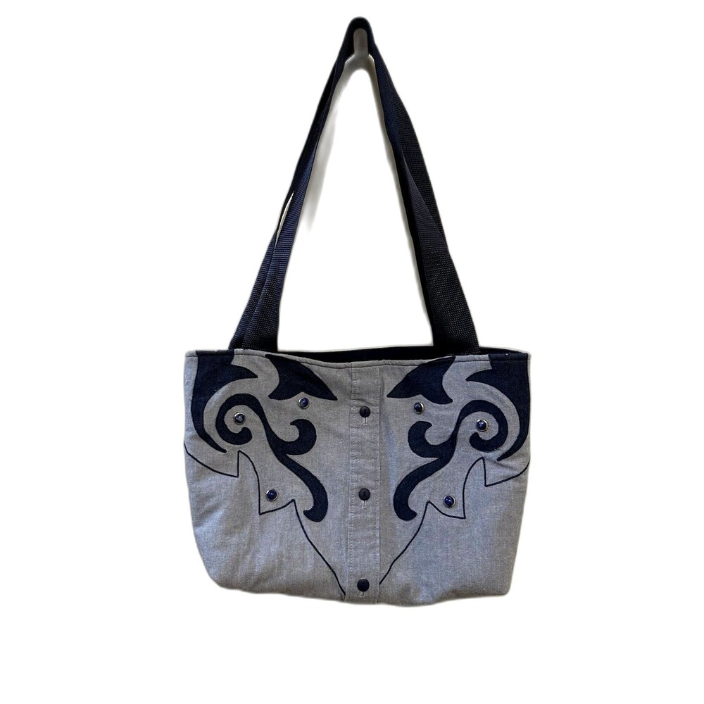 Handmade Upcycled Denim Tote Bag Western Applique Shirt Design Zip Top Purse